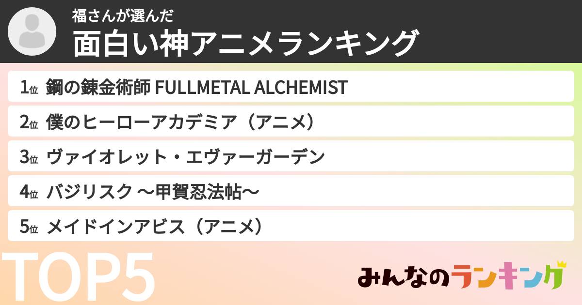 福さんさんの「面白い神アニメランキング」