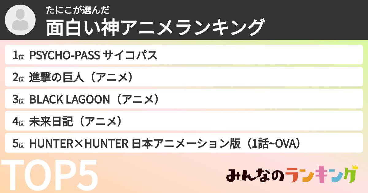 たにこさんの「面白い神アニメランキング」