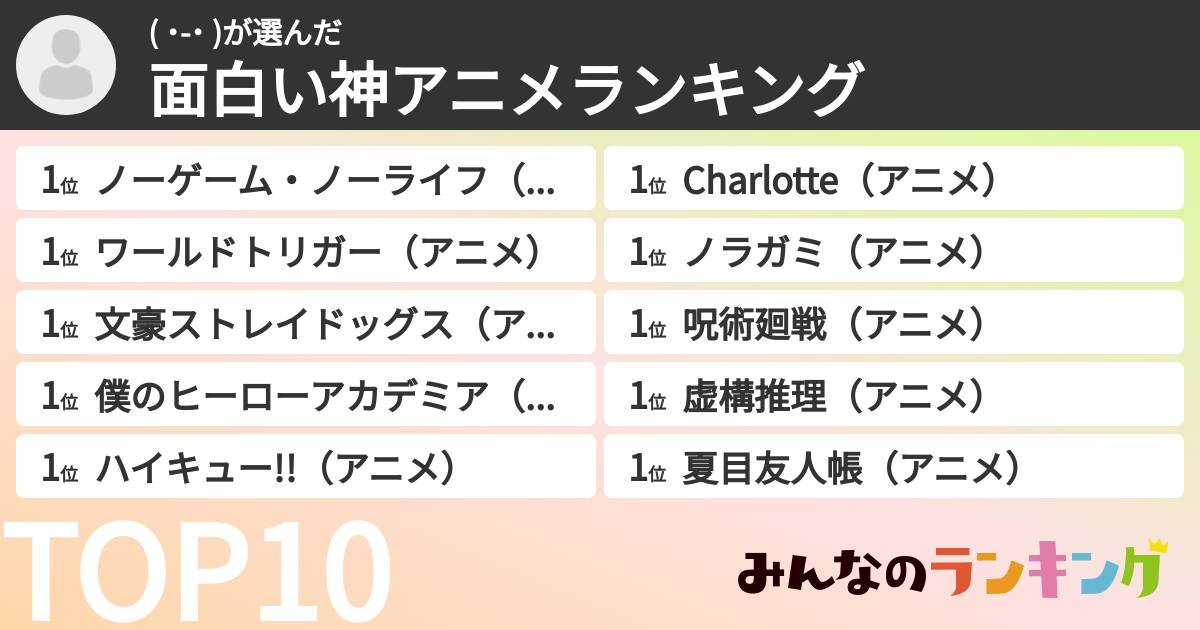 (  ˙-˙  )さんの「面白い神アニメランキング」