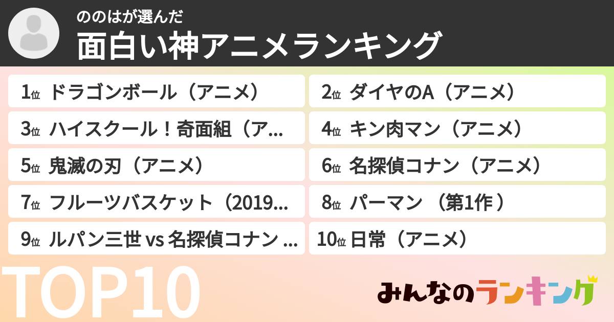 ののはさんの「面白い神アニメランキング」