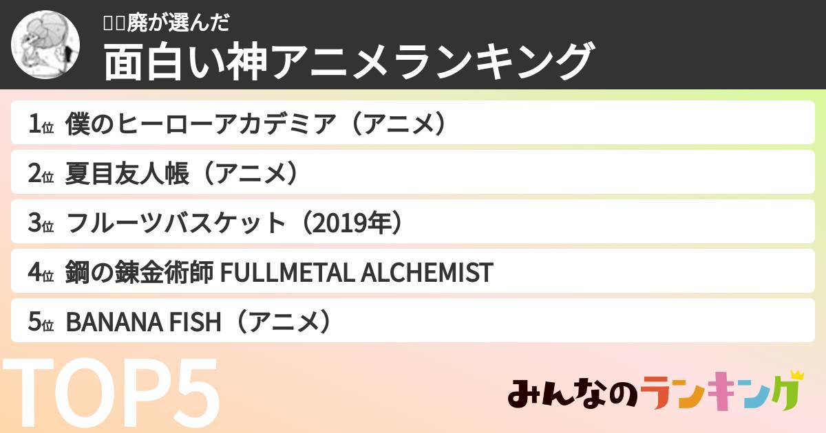 🍌🐠廃さんの「面白い神アニメランキング」