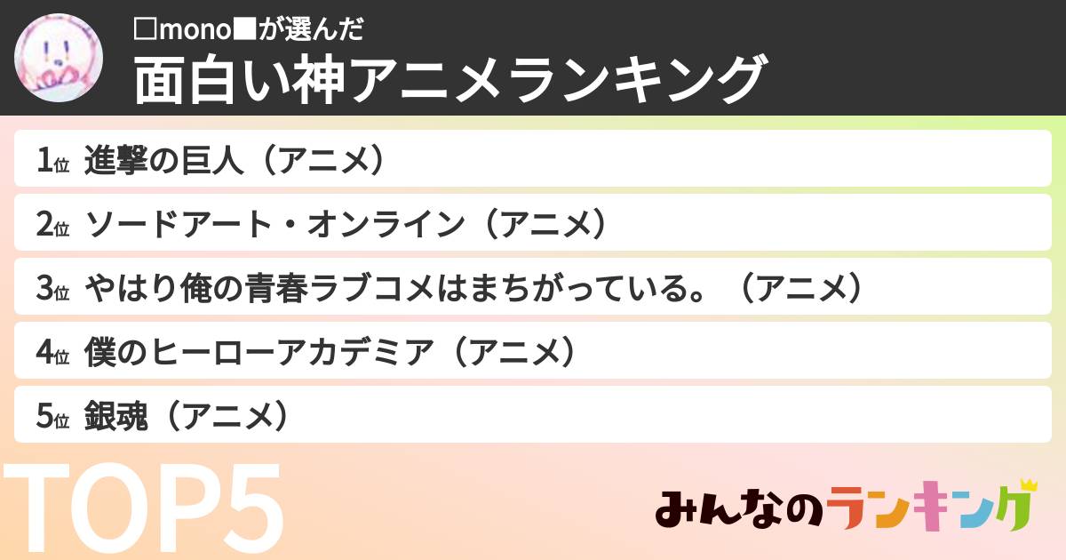 □mono■さんの「面白い神アニメランキング」