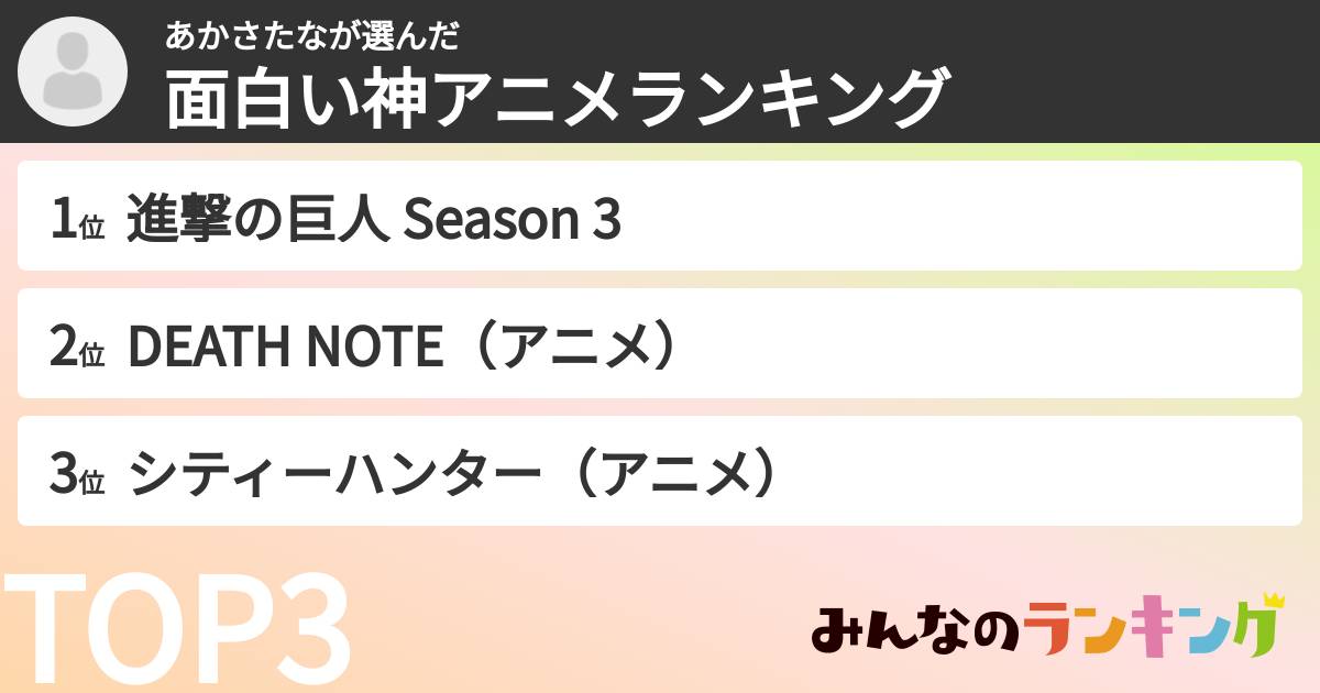 あかさたなさんの「面白い神アニメランキング」