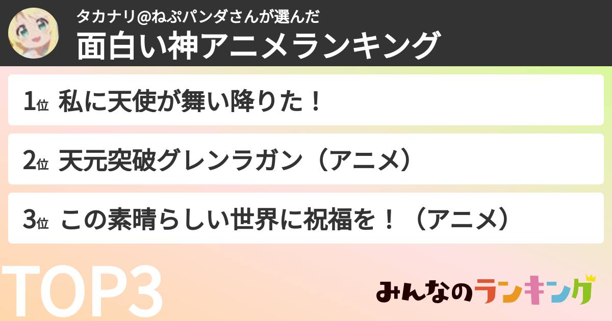タカナリ@ねぷパンダさんさんの「面白い神アニメランキング」