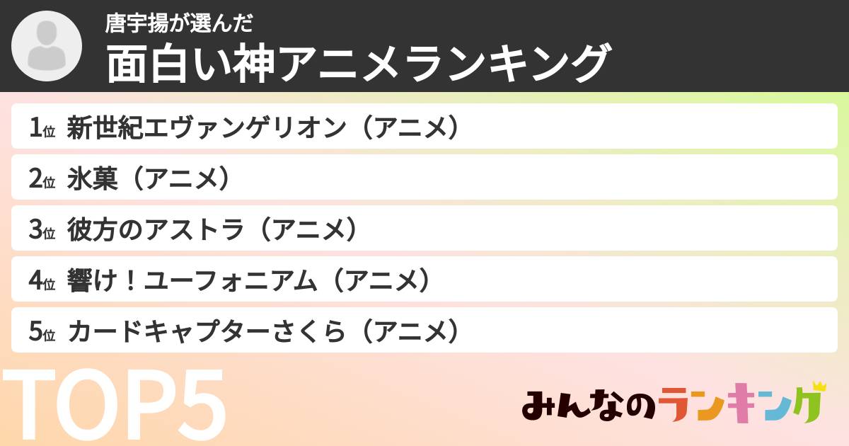 唐宇揚さんの「面白い神アニメランキング」