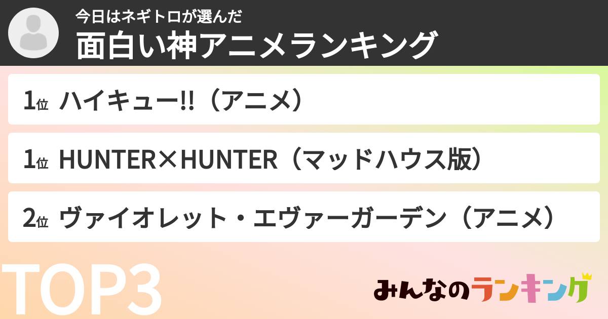 今日はネギトロさんの「面白い神アニメランキング」