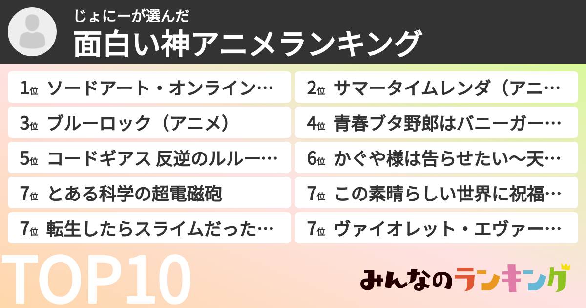 じょにーさんの「面白い神アニメランキング」
