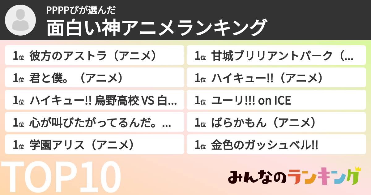 PPPPぴさんの「面白い神アニメランキング」