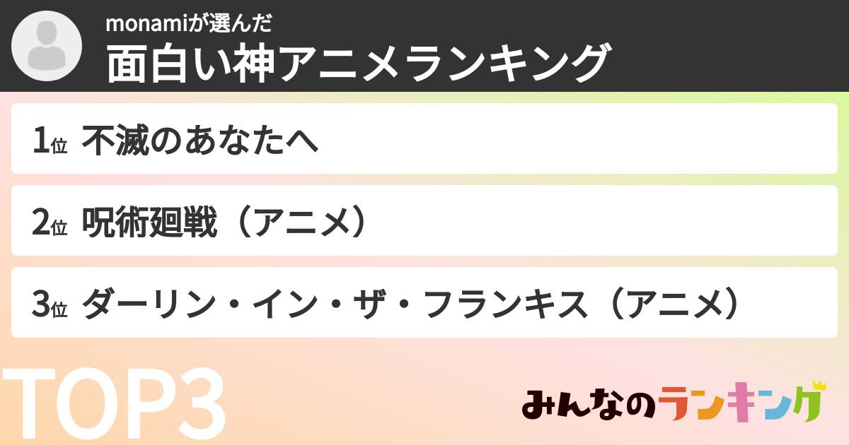 monamiさんの「面白い神アニメランキング」