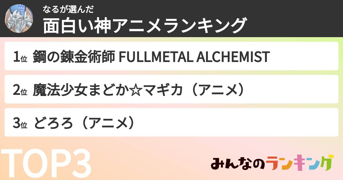なるさんの「面白い神アニメランキング」
