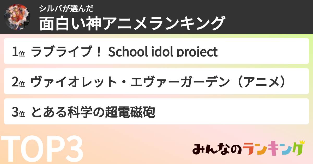 シルバさんの「面白い神アニメランキング」