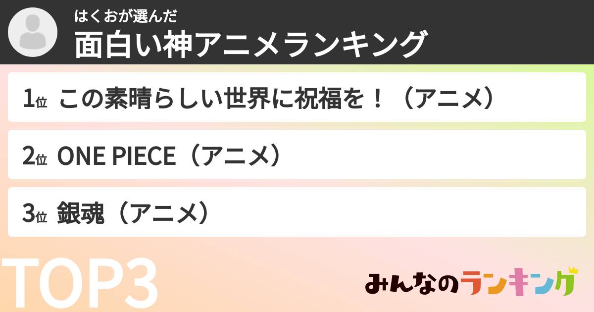 はくおさんの「面白い神アニメランキング」
