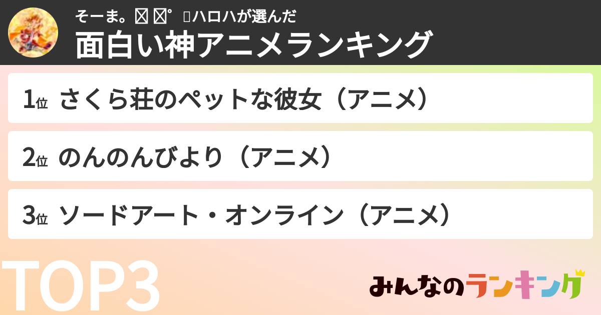 そーま。☽ ⋆゜🌟ハロハさんの「面白い神アニメランキング」