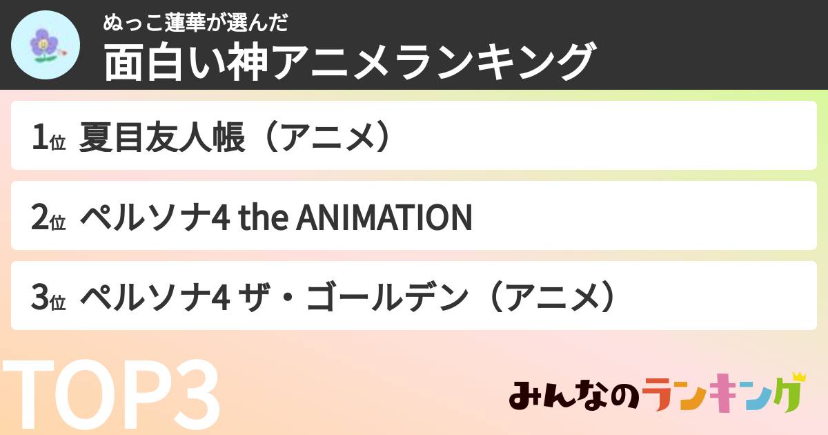 ぬっこ蓮華さんの「面白い神アニメランキング」