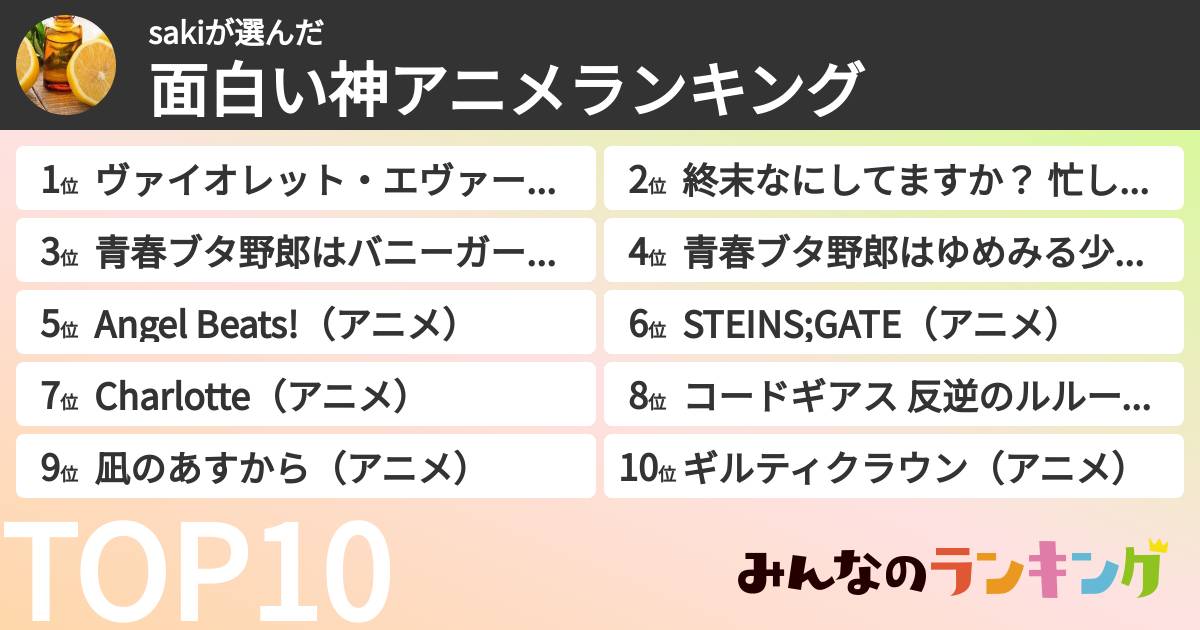 sakiさんの「面白い神アニメランキング」