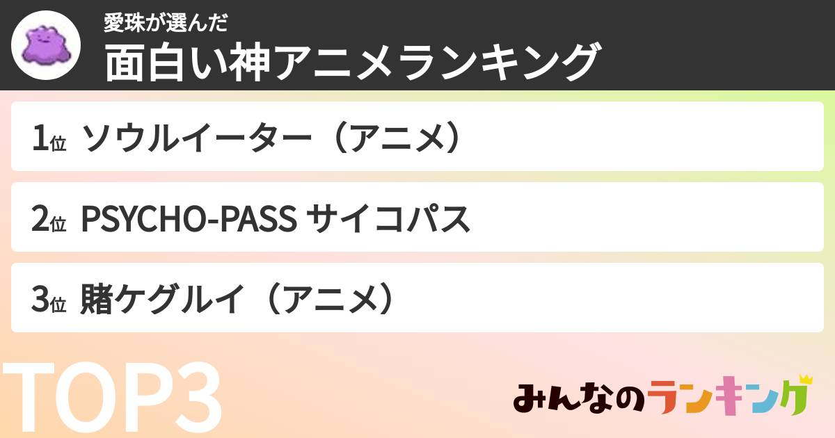 愛珠さんの「面白い神アニメランキング」