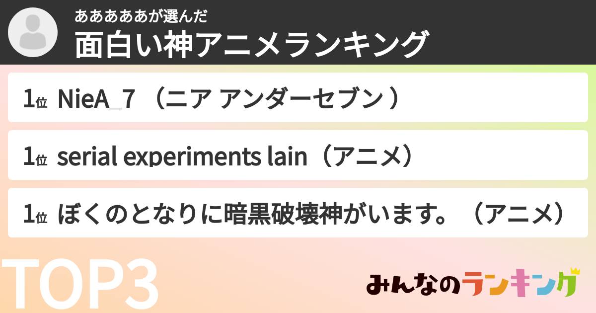 あああああさんの「面白い神アニメランキング」