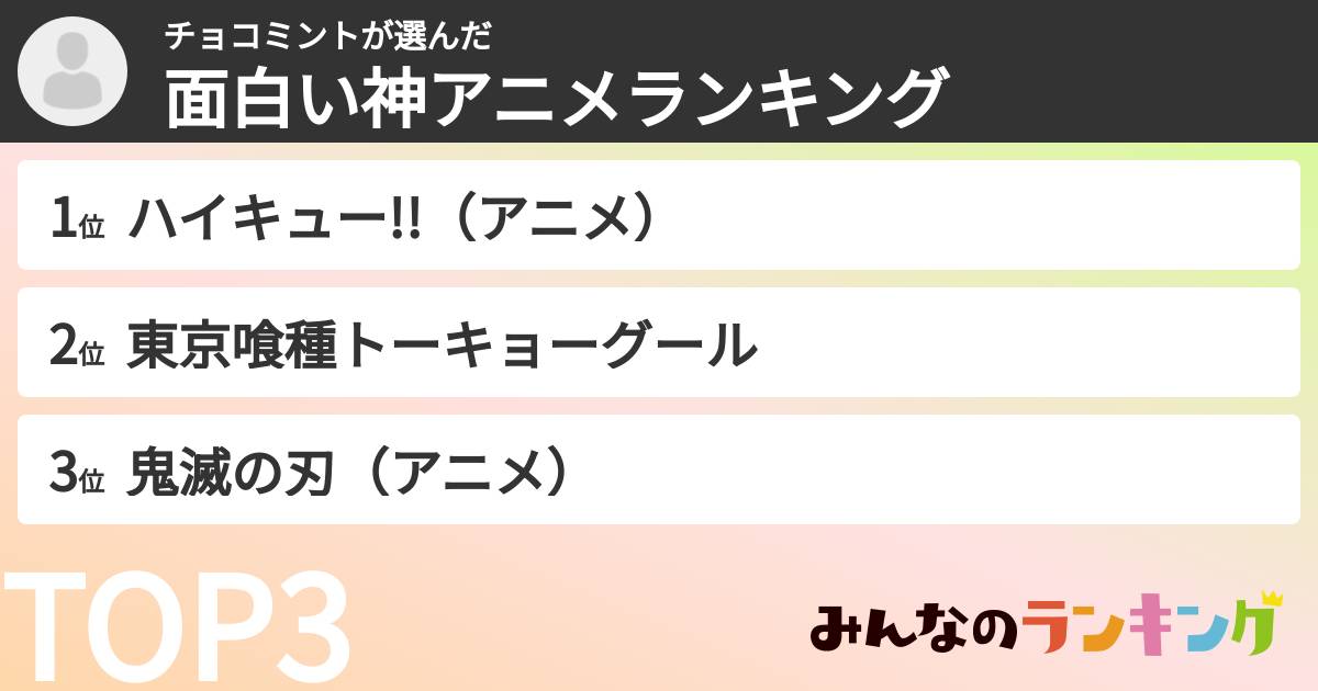 チョコミントさんの「面白い神アニメランキング」