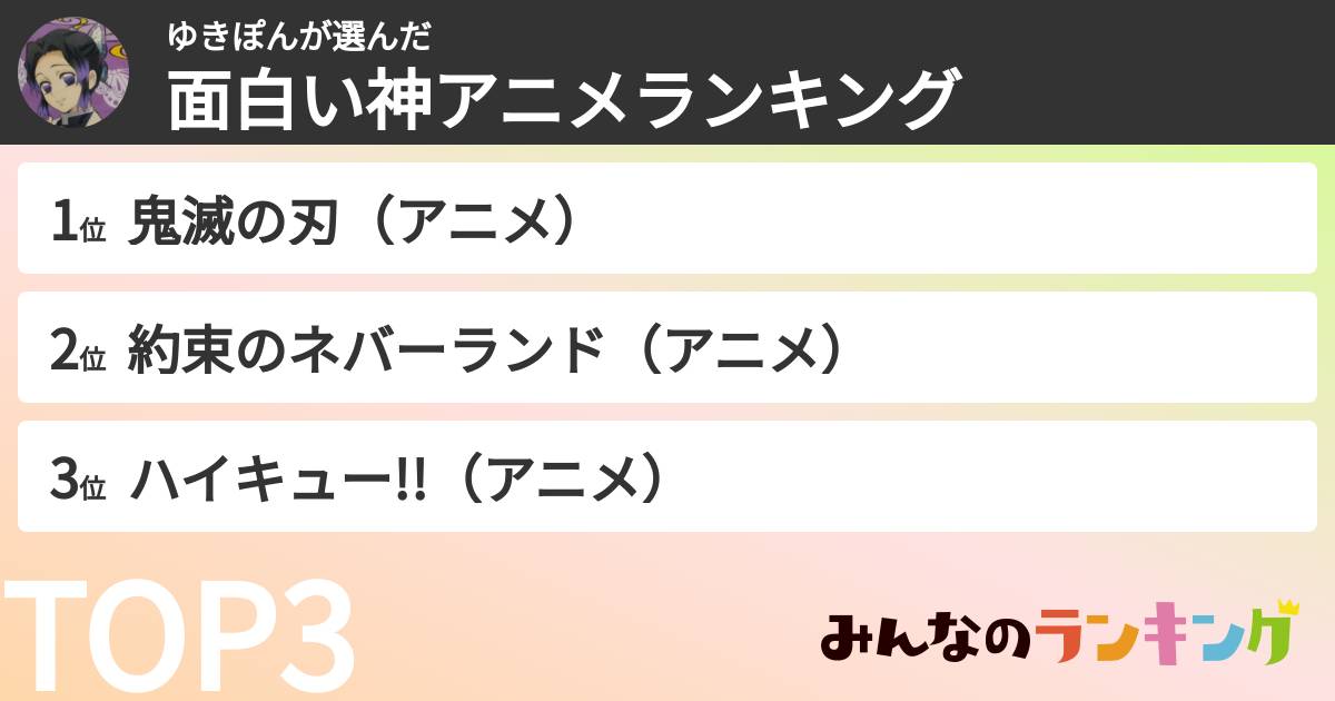 ゆきぽんさんの「面白い神アニメランキング」