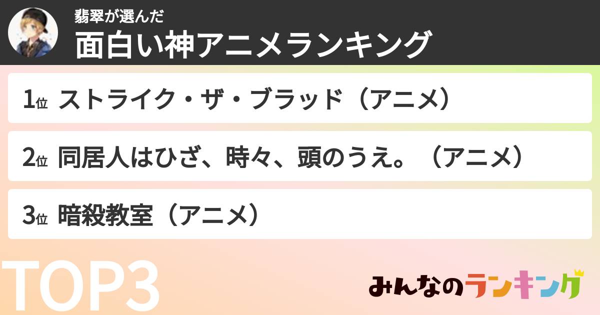 翡翠さんの「面白い神アニメランキング」