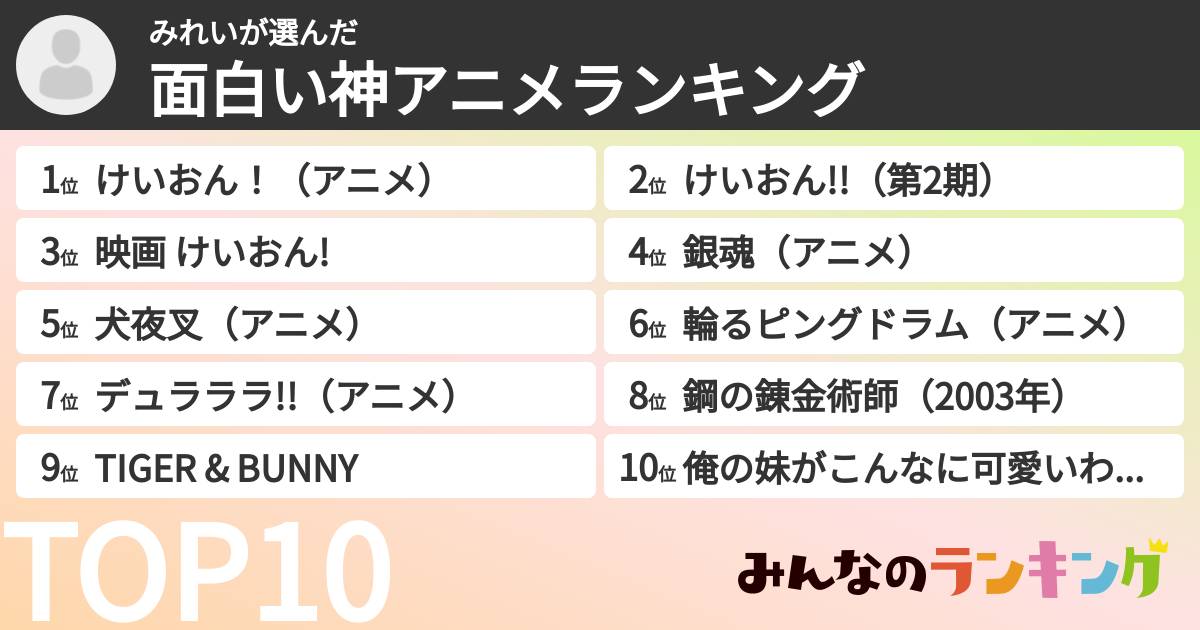 みれいさんの「面白い神アニメランキング」