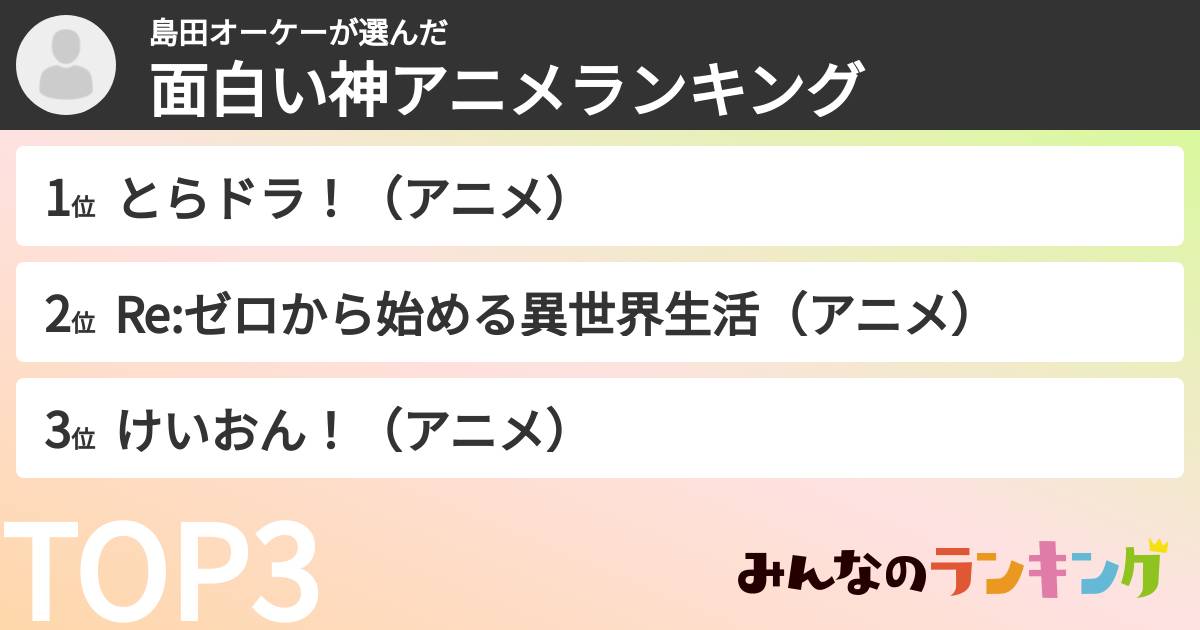島田オーケーさんの「面白い神アニメランキング」