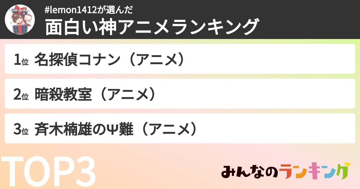 #lemon1412さんの「面白い神アニメランキング」