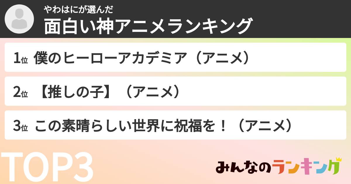 やわはにさんの「面白い神アニメランキング」