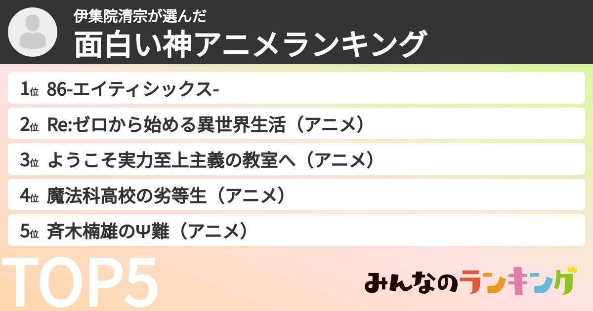 伊集院清宗さんの「面白い神アニメランキング」