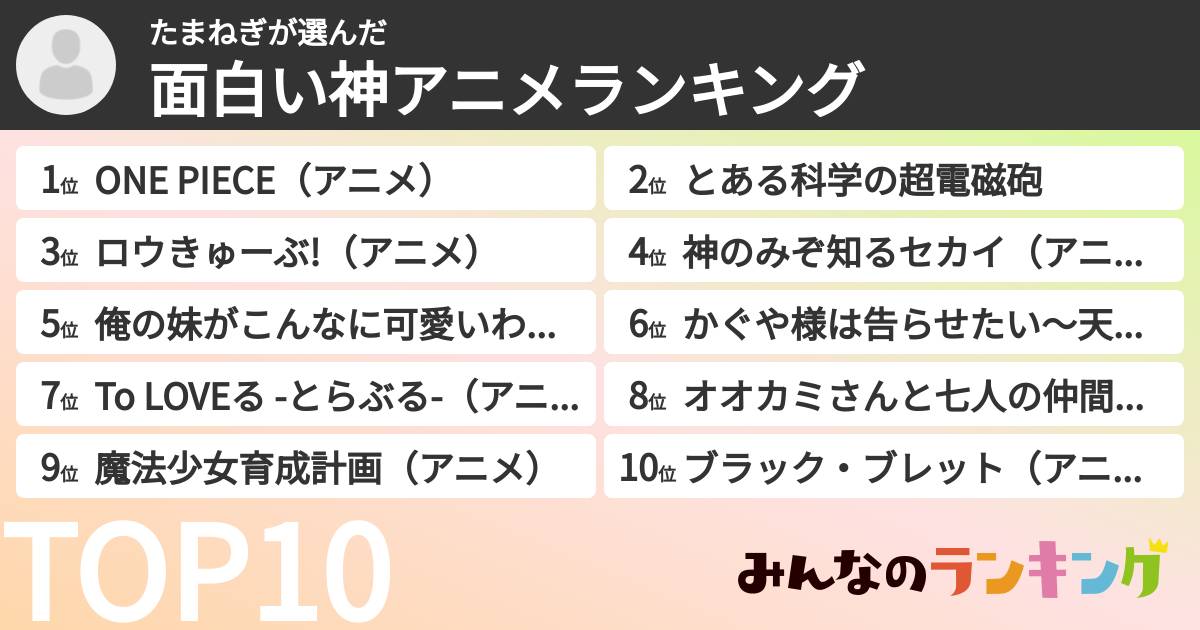 たまねぎさんの「面白い神アニメランキング」