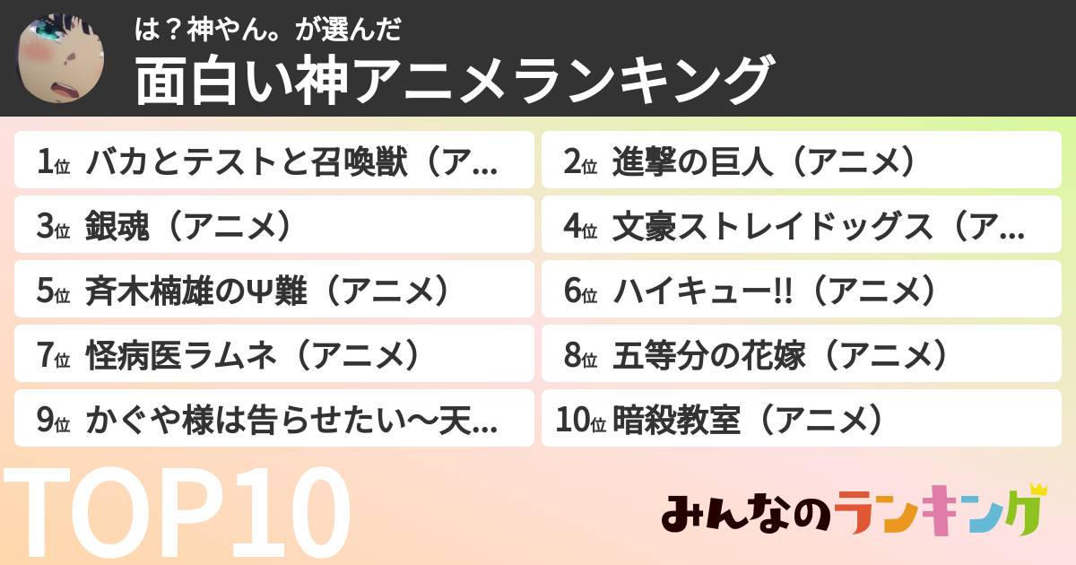 は？神やん。さんの「面白い神アニメランキング」