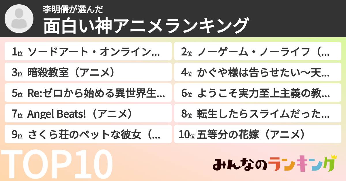 李明儒さんの「面白い神アニメランキング」
