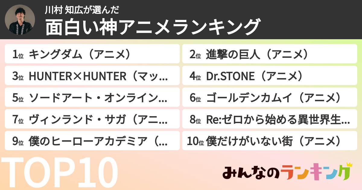 川村 知広さんの「面白い神アニメランキング」