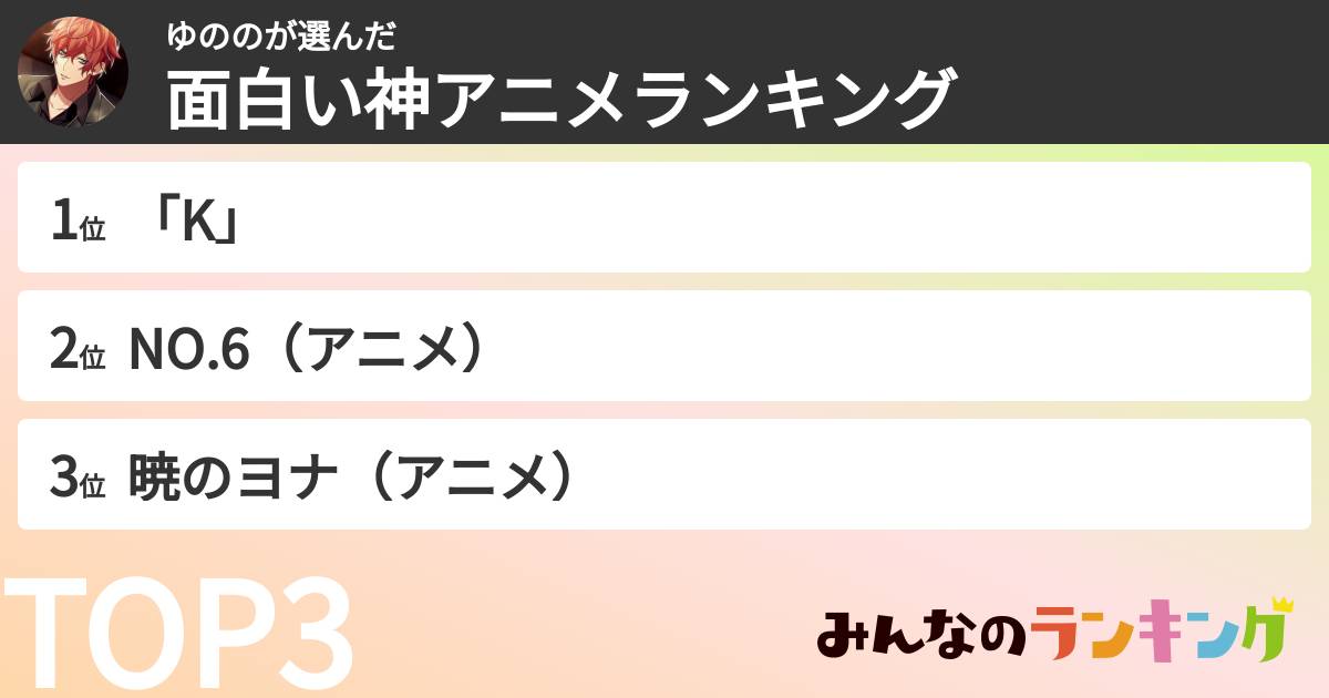 ゆののさんの「面白い神アニメランキング」