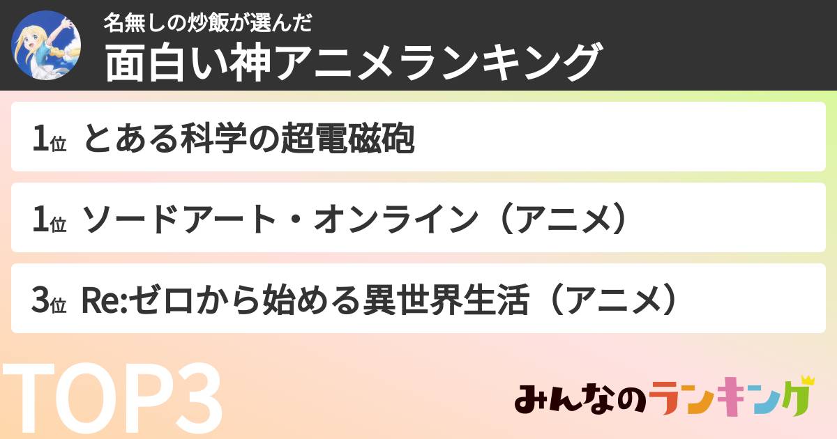 名無しの炒飯さんの「面白い神アニメランキング」