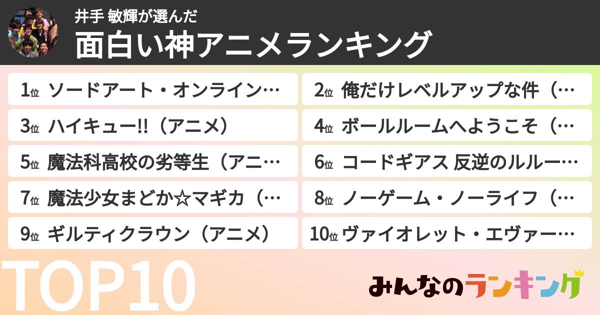 井手 敏輝さんの「面白い神アニメランキング」