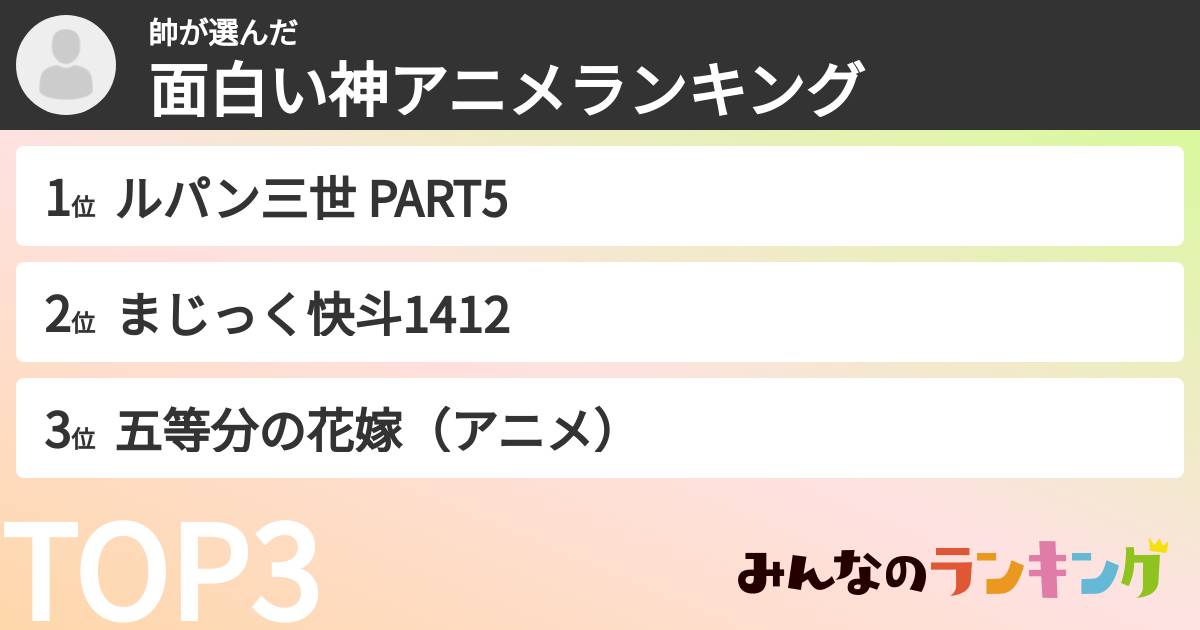 帥さんの「面白い神アニメランキング」