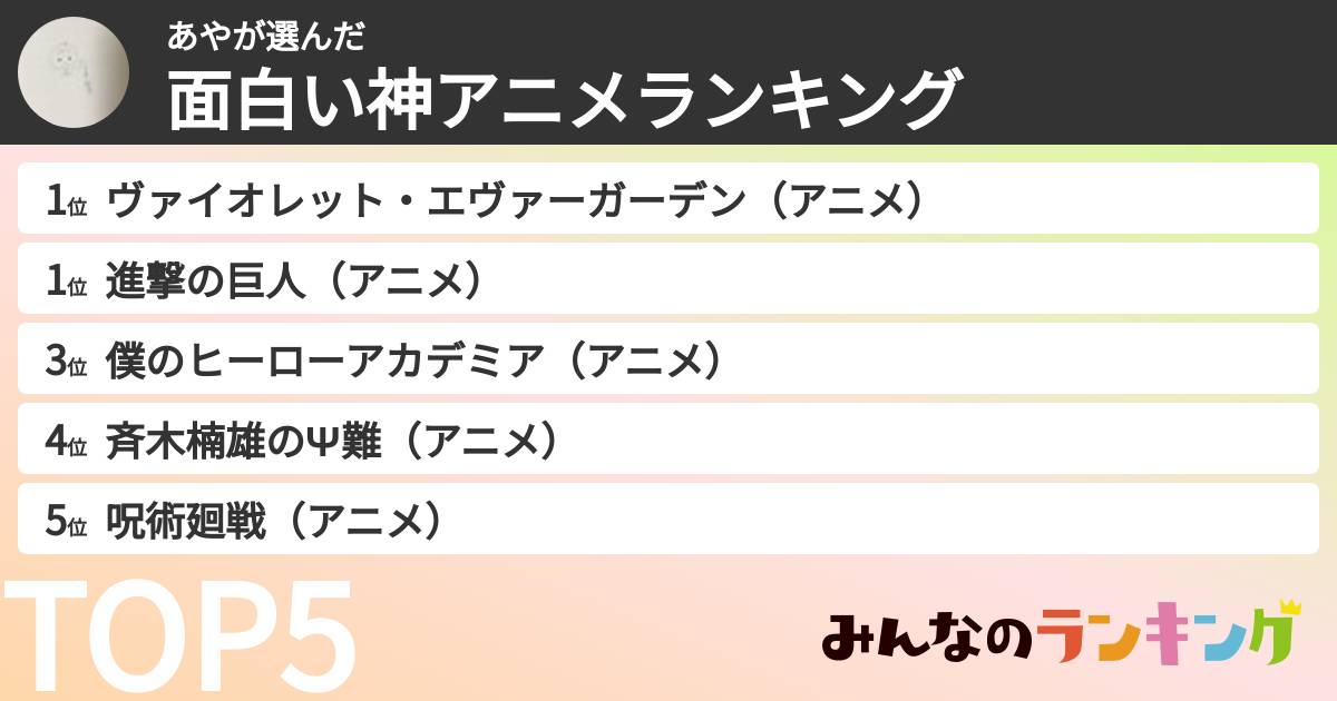 あやさんの「面白い神アニメランキング」