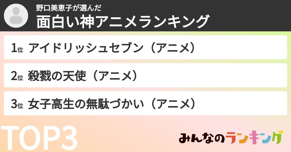 野口美恵子さんの「面白い神アニメランキング」