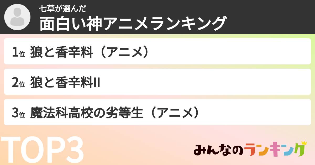 七草さんの「面白い神アニメランキング」