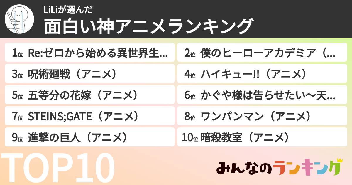 LiLiさんの「面白い神アニメランキング」