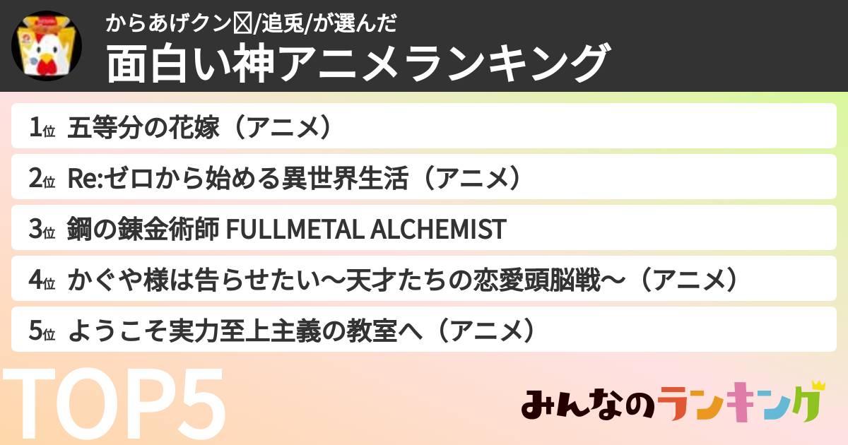 からあげクン☪︎/追兎/さんの「面白い神アニメランキング」