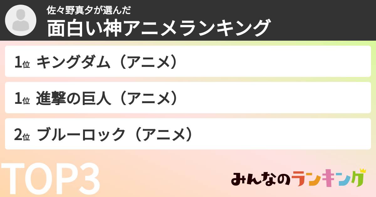 佐々野真夕さんの「面白い神アニメランキング」