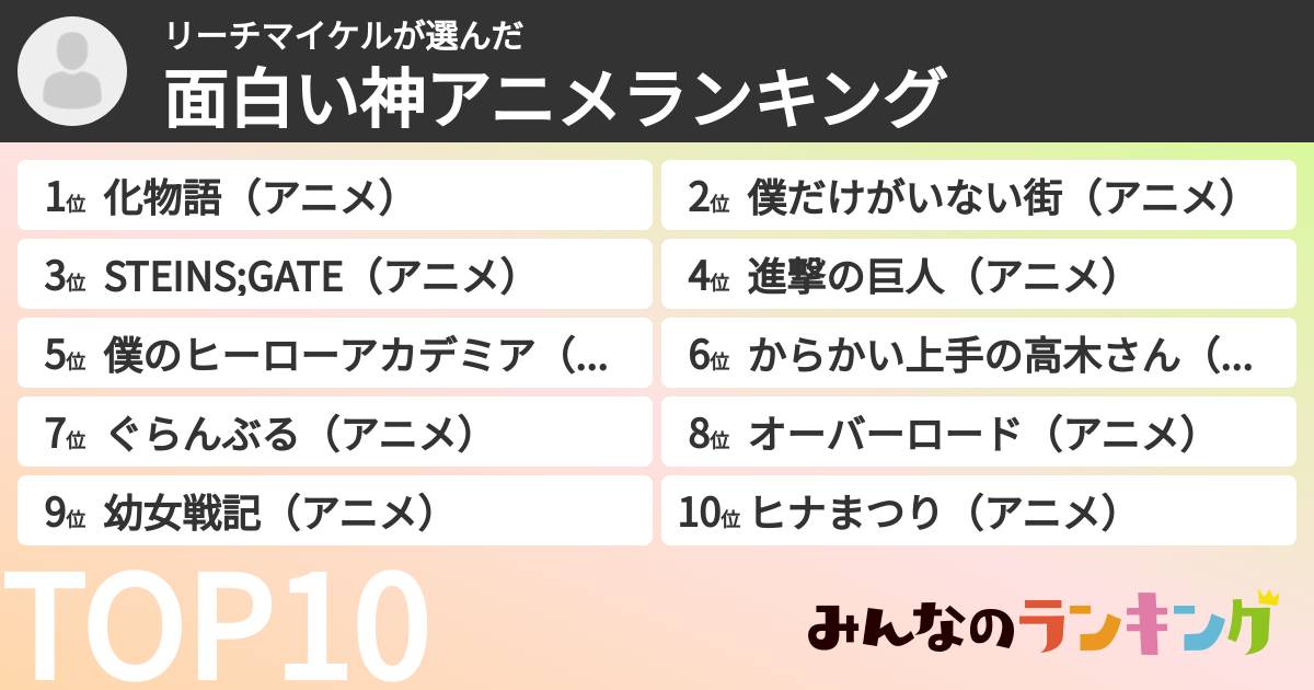 リーチマイケルさんの「面白い神アニメランキング」
