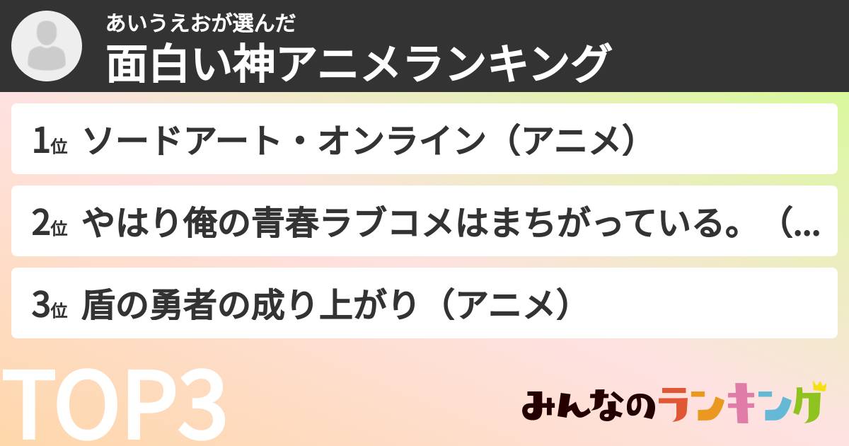 あいうえおさんの「面白い神アニメランキング」