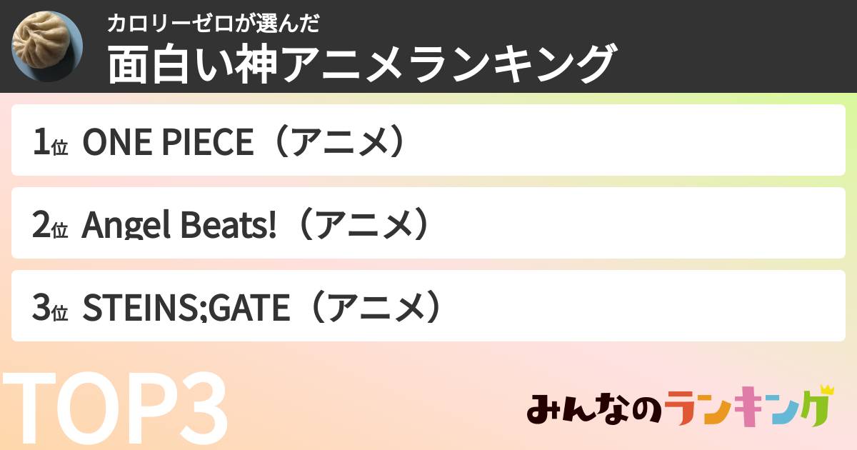 カロリーゼロさんの「面白い神アニメランキング」