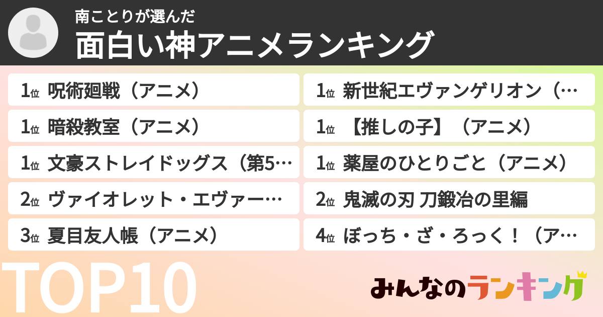南ことりさんの「面白い神アニメランキング」