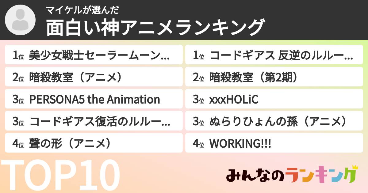 マイケルさんの「面白い神アニメランキング」