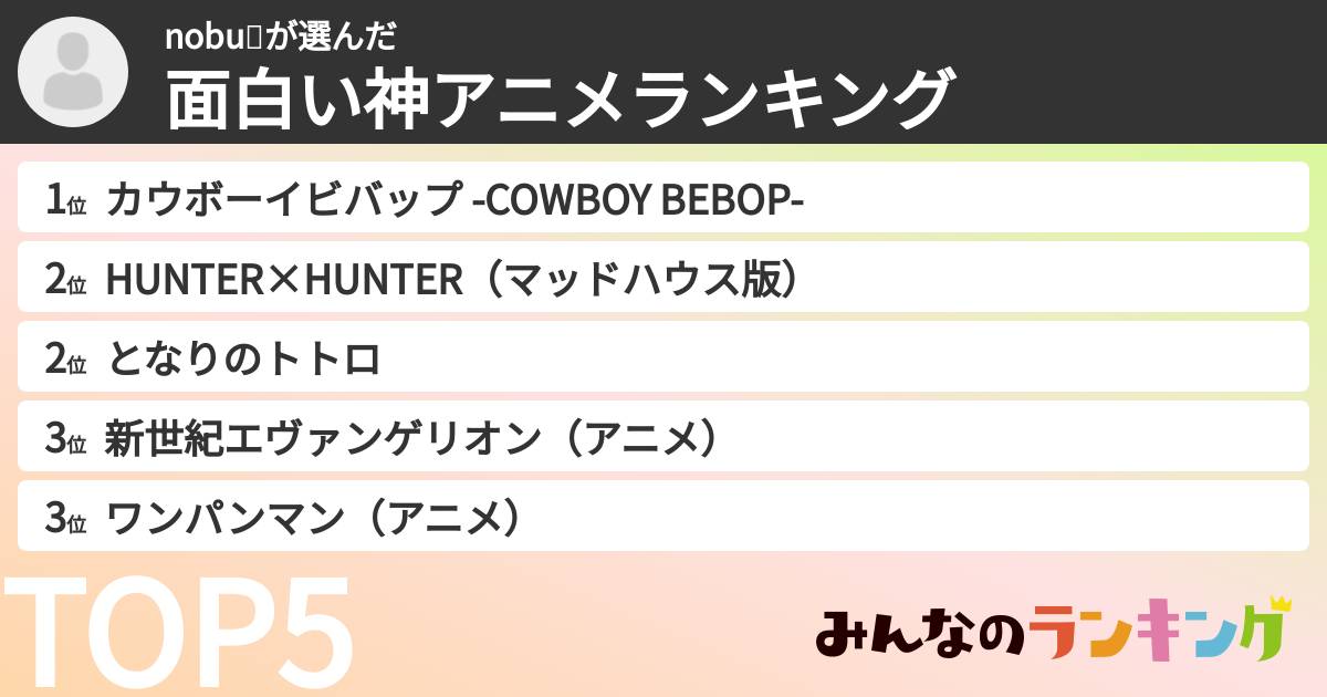 nobu😋さんの「面白い神アニメランキング」
