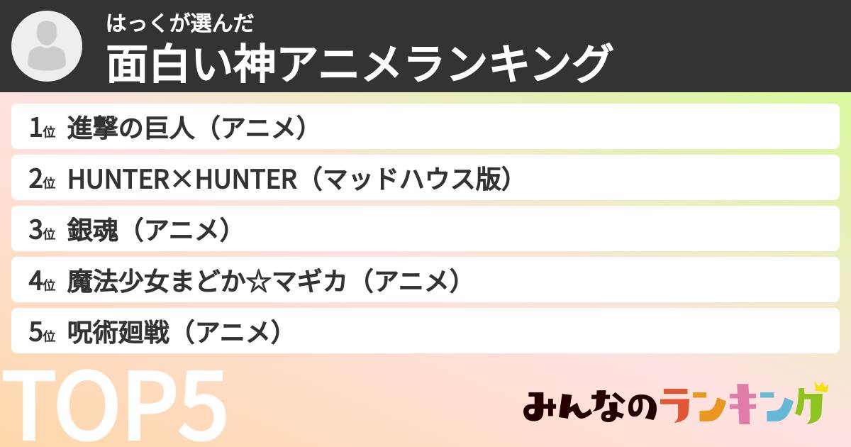 はっくさんの「面白い神アニメランキング」